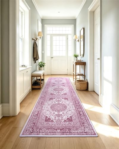 Macgace Washable Vintage Area Rug for Hallway, 2x8 Pink Runner Rugs