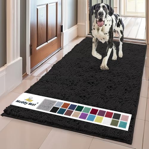 Muddy Mat® | Super Water Absorbent Door Mat Indoor, Microfiber Quick Dry Chenille Entryway Rug, Slip Resistant Front Door Mat, Indoor Mats for Entryway, Machine Washable Pet Rug, Black 36"x60"