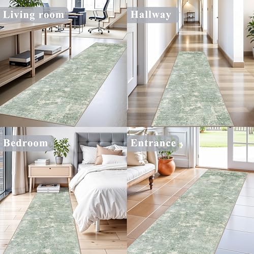 2x10 ft Washable Hallway Runner Rug – Non-Slip Long Carpet Runners for Kitchen Entryway Bedroom Living Room Bathroom,Stain-Resistant Low-Pile Modern Abstract Neutral (Sage Green,2x10)