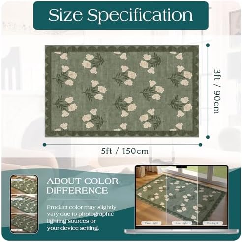 3x5 Floral Entry Rug - Small Washable Indoor Outdoor Mats for Front Door Non-Slip Spring Porch Rug Sage Green Farmhouse Throw Rugs for Living Room Bedroom Entryway Kitchen Office Porch Decor