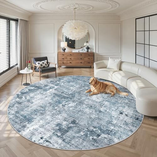 Soalmost Round Rugs 9ft Living Room Circle Area Rug 9x9 Blue/Grey Vintage
