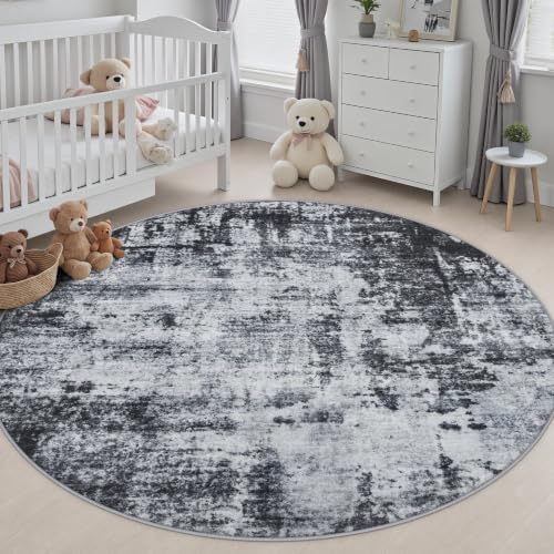 Round Area Rug Living Room: 8 ft Modern Washable Carpet Dark