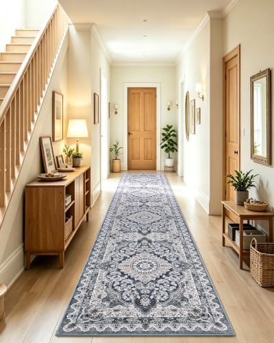 Macgace Washable Vintage Area Rug for Hallway, 2x10 Blue Runner Rugs