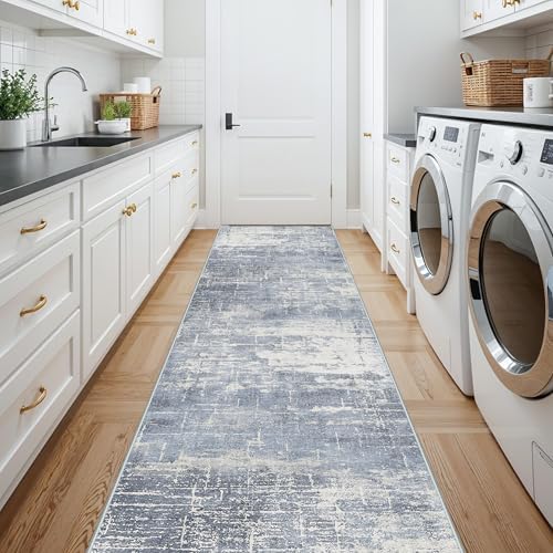Washable 12ft Hallway Runner Rug: Non-Slip 2'6x12 Kitchen Rugs Low-Pile Entryway Rug Runner Abstract Soft Bedroom Floor Mat Farmhouse Carpet for Bathroom Living Room Dining Room(2'6x12,Blue/Ivory)