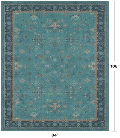 Boho Teal 7x9 Soft Rugs for Living Room, Washable Turquoise Rug for Bedroom Under Bed, Vintage Non Slip Floral Dining Room Carpet, Low Pile Soft Fade Resistant