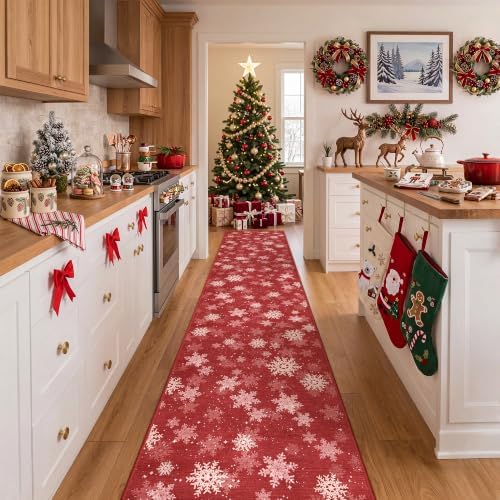 2x10 Christmas Runner Rug for Hallway,Washable Kitchen Rugs,Red