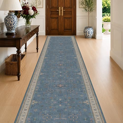 Vintage 3x12 Long Hallway Runner Rug - Blue Boho 3x12 Kitchen Floor Mat, Washable Low Pile Thin Carpet for Bedroom Bedside, Modern Eclectic Boho Design Décor