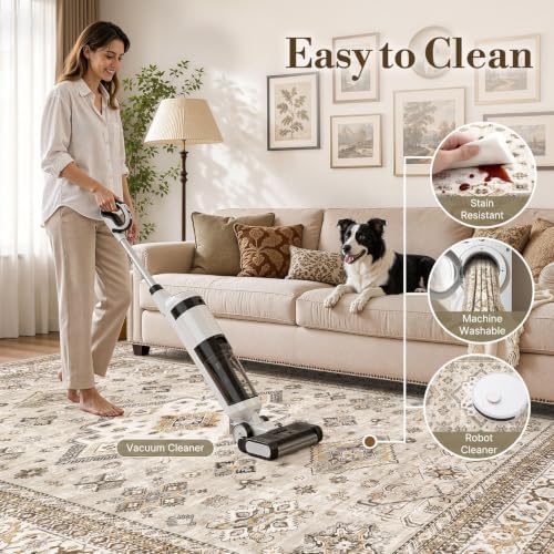 cotiled 5x7 Area Rug for Living Room, Washable, Traditional, Beige
