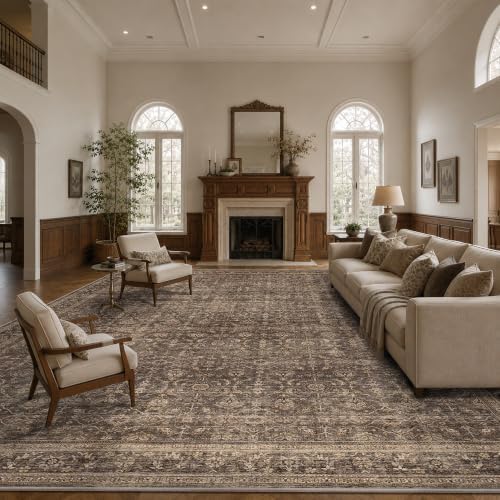 JOOJA 10x14 Dark Brown Vintage Soft Low Pile Washable Boho Large Area Rug