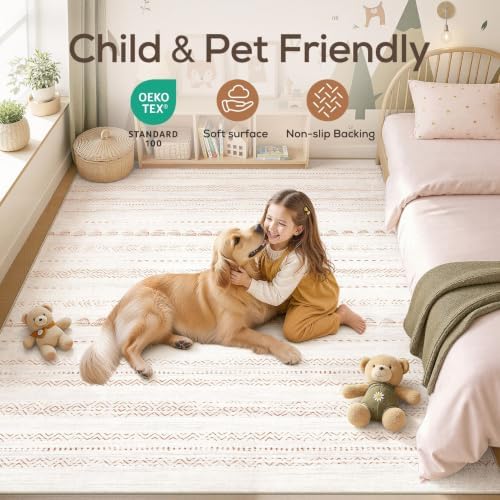 Nakagishi 10x13 Area Rugs Living Room: Washable Boho Large Neutral Soft Farmhouse Rug Stain Resistant Modern Moroccan Non-Slip Indoor Floor Carpet for Bedroom Nursery Kids Playroom Office- Brown