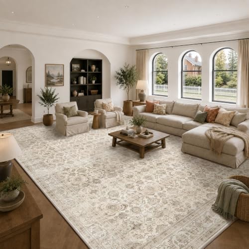 JOOJA 10x14 Large Beige Vintage Low Pile Non Slip Washable Neutral Area Rug