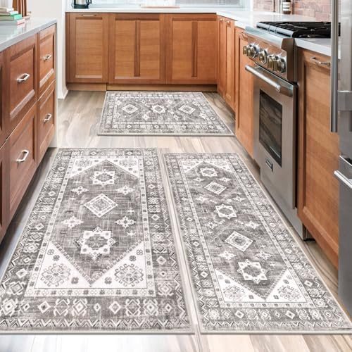 HEBE Boho Kitchen Rugs Set of 3, Non Slip Washable Kitchen Mats for Floor