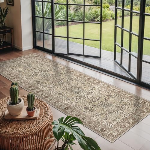 Bavni 2x6 Kitchen Runner Rug, Washable Non Slip, Cream Brown
