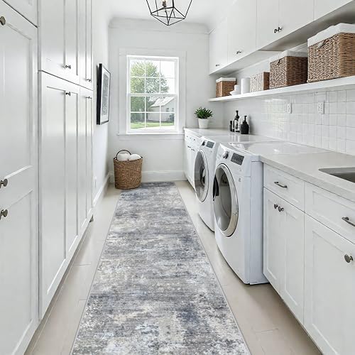3x16 ft Runner Rug for Hallway - Hall Runners 16 feet Long Non Slip Washable Large Carpet Runner for Kitchen Floor, Entryway, Bedroom, Living Room Abstract Modern Neutral Low-Pile Thin (Blue Grey)