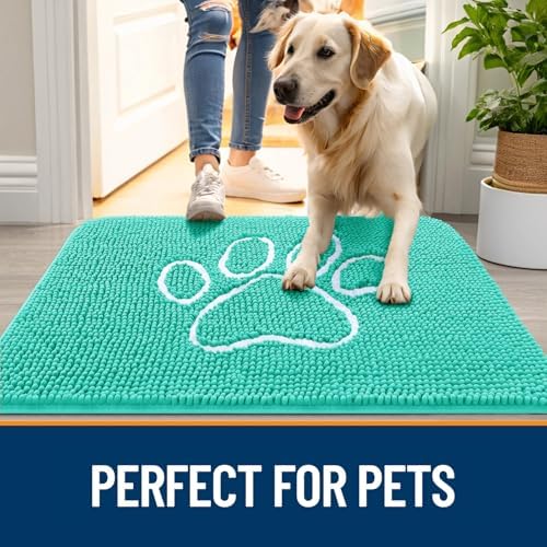 OLANLY Dog Door Mat for Muddy Paws 24x16, Paw Print Design Chenille Mud Mat