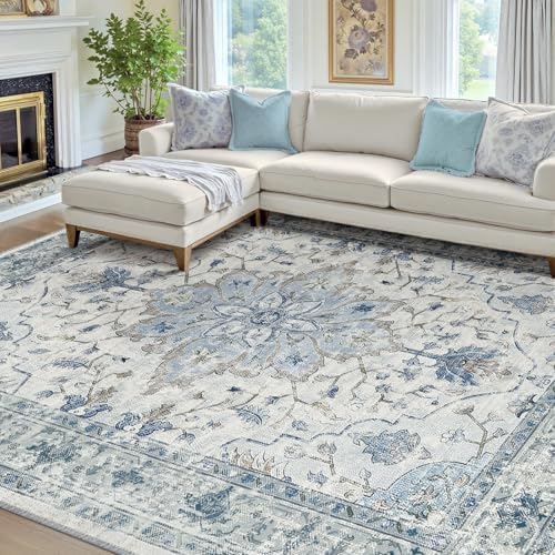RELEANY Washable Area Rug, 7'x9', Blue/White/Gray