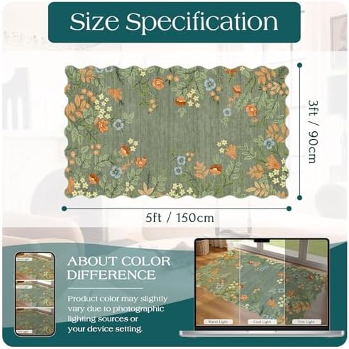 Sage Green Floral Entry Rug - 3x5 Ft Washable Indoor Outdoor Mats for Front Door Non-Slip Porch Rug Non-Slip Boho Throw Rugs for Living Room Bedroom Entryway Kitchen Office Porch Decor