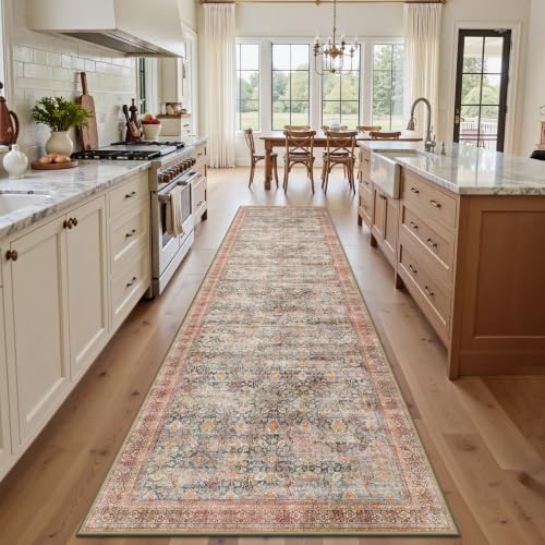 2x10 Hallway Runner Rug, Washable Vintage Retro Long Runner Rugs for Kitchen Laundry, Soft Ultra Thin Non Slip Low Pile Traditional Distressed Boho Carpet for Bedroom Bathroom, Rust Clay