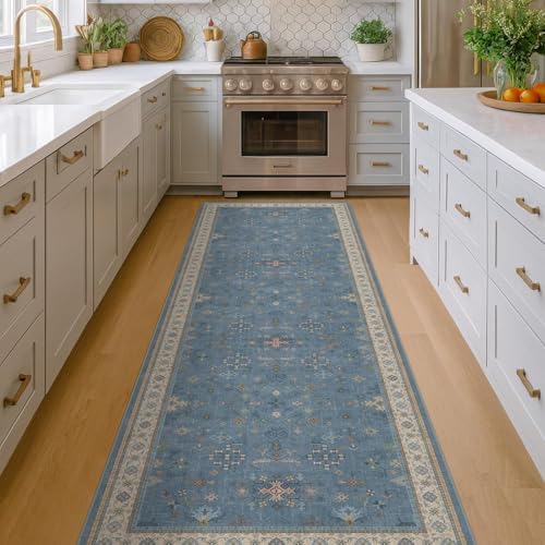Boho 2'6"x10' Wide Runner Rugs for Hallway Non Skid- 10ft Light Blue Washable Non Slip Long Entryway Rug, Low Pile Geometric Floral Indoor Décor