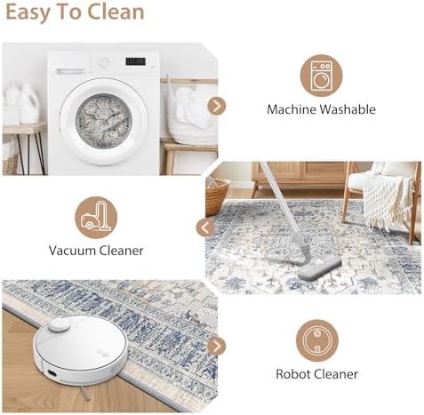 BESTSWEETIE Washable Boho 2x3 Area Rug, No Pile for Living Room, Beige Blue