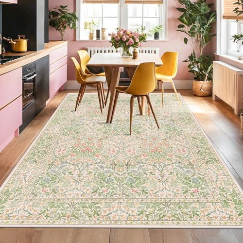 Hazo Haus Light Beige Green Living Room Rug, 6x8 Washable Area Rug for Kids Room, Bedroom, Nursery Room, Living Room, Dining Room, Low Pile Non-Slip - Vintage Design & Stain Resistance