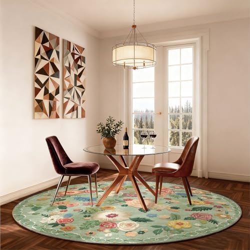 4ft Washable Round Rugs for Bedroom: Circle Living Room Rug Vintage Non Slip Low Pile Soft Faux Wool Non Shedding Small Circular Rug for Kitchen Entryway Bathroom Bedside Office CollegeDorm Kids Room