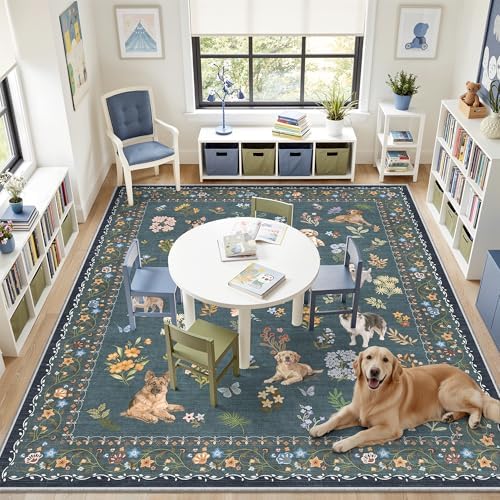 Soalmost Dog 9x12 Area Rugs for Living Room, Washable Soft Rug Navy Blue