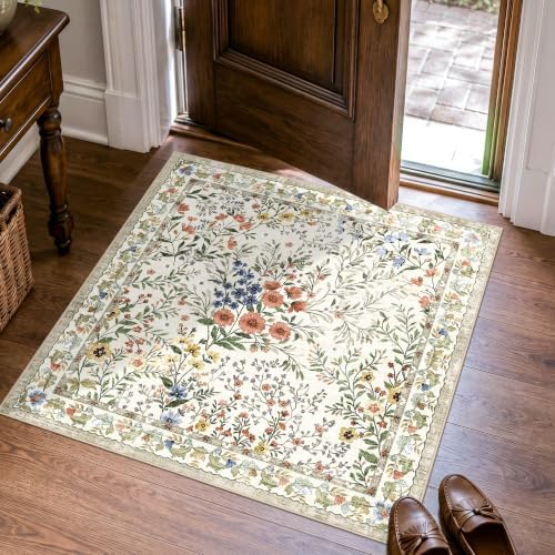 3x3 Square Entry Rug Foyer Entryway: Non-Slip Floral Washable Rugs for Indoor Floor Living Room Kitchen Bedroom - Soft Thin Doormat Carpet Boho Vintage Home Decor (3ft Square, Beige)