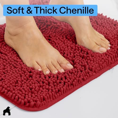 GORILLA GRIP Bath Rug Mat for Bathroom, Absorbent Chenille, 44x26 Red