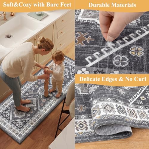 HEBE Boho Kitchen Rugs Set of 2, Non Slip Washable Kitchen Mats for Floor