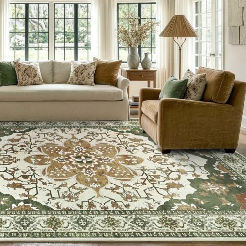 6x9 Ft Large Area Rugs for Living Room, Soft Non-Slip Machine Washable Rug, Vintage Stain Resistant Carpets for Bedroom Nursery Dining Room Home Decor (Moss Green)