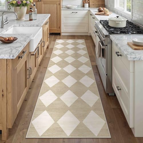 PureCozy 2'6x8 Washable Runner Rug Kitchen Beige Non Slip Checkered Carpet