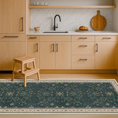 Hazo Haus Vintage 2x7 Washable Runner Rug Non Slip for Kitchen, Bathroom, Hallway - Low Pile Stain Resistant 7ft Long Runner Rugs - Victorian Eclectic Floral Pastel Home Decor (2x7 Dark Green)