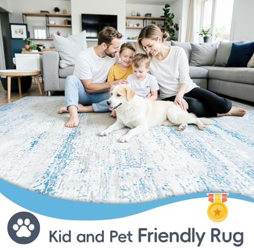 9x12 Washable Area Rug for Living Room Bedroom: Non-Slip Modern Light Blue