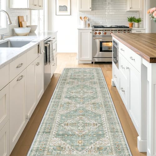 Washable Hallway Runner Rugs 2.5 x 8, Soft Kitchen Rug, Green Vintage Mat