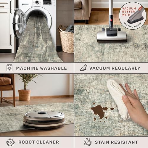 Washable Kitchen Runner Rug 2x6, Green and Brown Low Pile Soft Rugs for Bedroom Beside Bed, Runner Carpets for Hallway Non Slip, Entryway, Bathroom, Vintage Medallion Abstract Décor, Distressed Design
