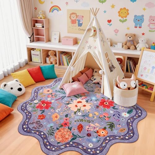 Macgace Floral Round Rug for Girls Bedroom, Washable 4ft Purple Area Rugs