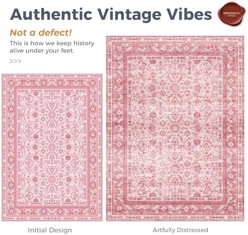 OPPODREAM Vintage Pink Area Rugs 5x7, Washable Rug for Living Room