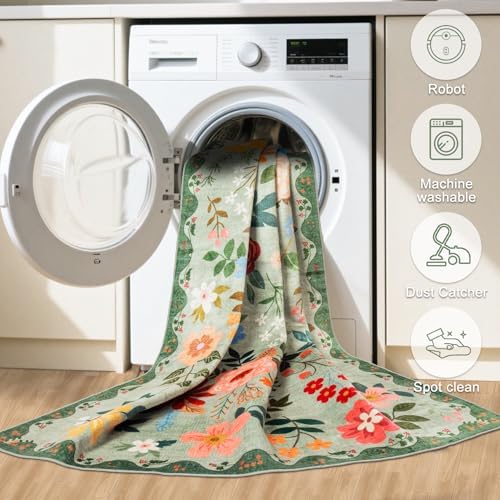 PLHXFR Area Rug 10x12 Living Room: Floral Washable Boho Soft Carpet Green