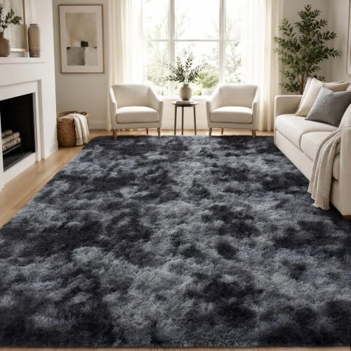 PLHXFR 10x14 Area Rugs Living Room: Fluffy Bedroom Soft Shag Rug Black Grey