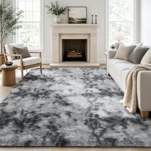 Ophanie Tie-Dyed Grey Area Rugs 6x9 for Bedroom Living Room, Light Gray Fluffy Shag Fuzzy Carpet,Plush Shaggy Rug,Indoor Carpet for Kids Boys Dorm Home Decor Aesthetic, Nursery with 99 pcs Pile fibers