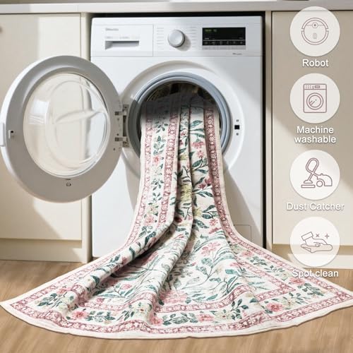 PLHXFR Area Rug Living Room: 5x7 Floral Washable Boho Carpet Pink Green