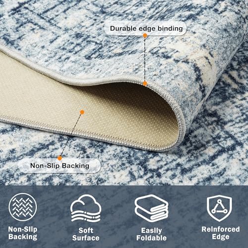 10x14 Washable Area Rug for Living Room Bedroom: Non-Slip Modern Blue Gold