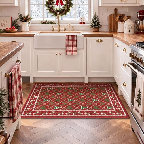 2x3 Christmas Holiday Area Rug, Washable Non‑Slip Low‑Pile Xmas Small Rug for Entryway Foyer Hallway Kitchen, Winter Indoor Christmas Home Decor(Red Holly Tree)
