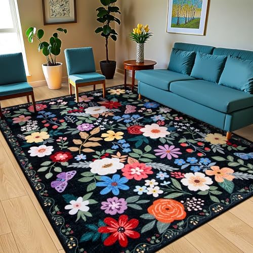 PLHXFR Area Rug 10x14 Living Room: Floral Washable Boho Soft Carpet Black