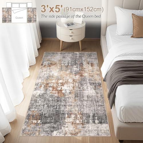 DMOYEST Washable Area Rug: 3x5 ft Abstract Small Rugs for Entryway Kitchen Living Room Bedroom - Non Slip Modern Neutral Carpet Indoor Front Door - Grey Brown