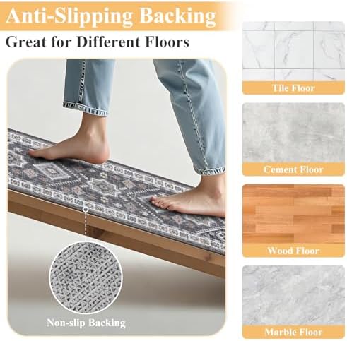 HEBE Boho Kitchen Rugs Set of 2, Non Slip Washable Kitchen Mats for Floor