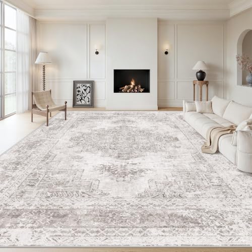 XLUEZ Area Rug 10x12 Living Room Rug, Machine Washable Vintage Distressed Medallion Rug Non-Slip Soft Low Pile Large Indoor Rugs for Bedroom Kitchen Dining Room Office(Grey,10'x12')