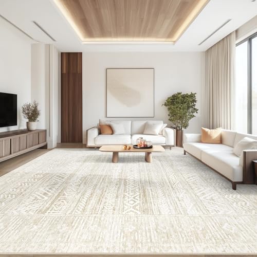 10x12 Area Rugs for Living Room: Washable Moroccan Geometric Boho Rug Farmhouse Non Slip Stain Resistant Large Rug Low Pile Soft Carpet for Bedroom Dining Room Children Room (Ivory Beige,10'x12')