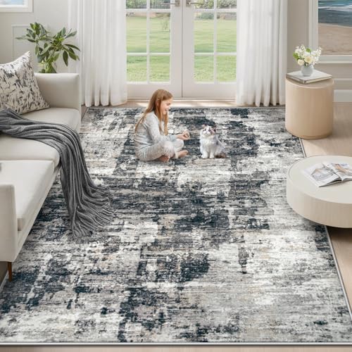 XLUEZ 5x7 Area Rugs for Living Room, Washable Modern Abstract Large Area Rug Neutral Soft Non Slip Kids Rug Stain Resistant Indoor Carpet for Bedroom Nursery Dining Room Playroom(BlackGrey, 5'x7')